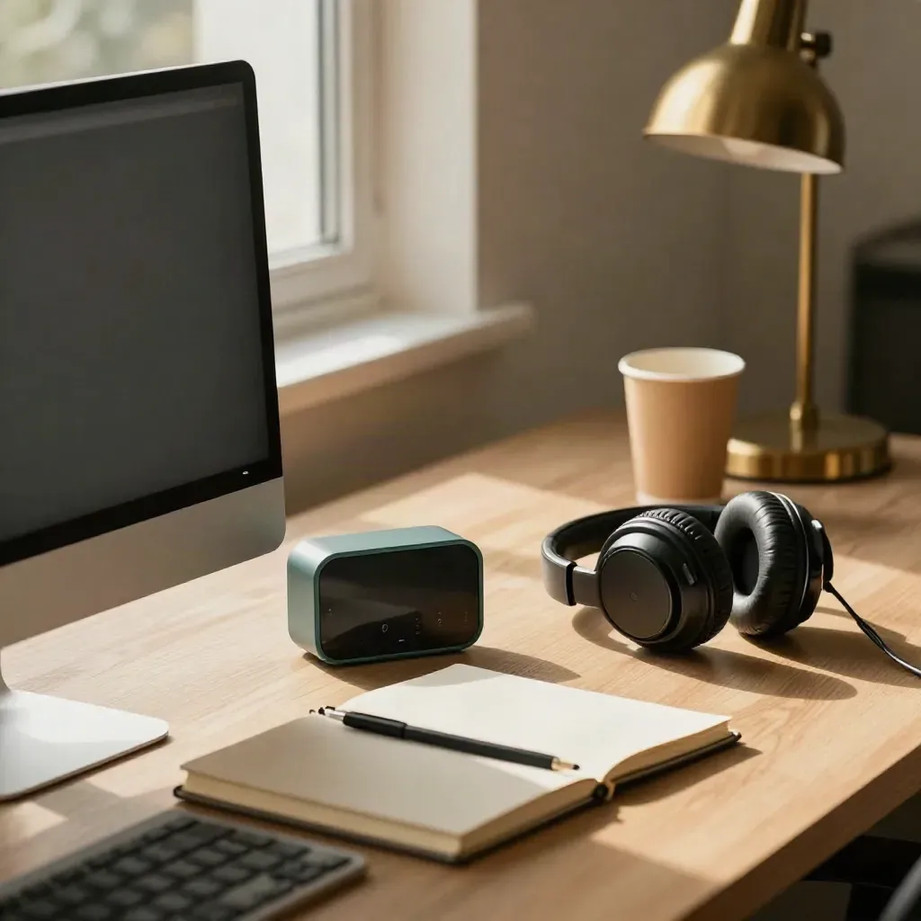 Mid-afternoon focus desk with timer, headphones, monitor, notebook and lamp in soft window light.