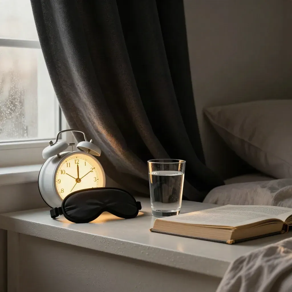 Pre-dawn bedside still life with glowing clock, blackout curtain, sleep mask, water glass and closed book.