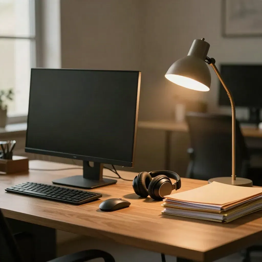 Warm office desk with monitor, mouse, headphones, lamp, and folders in afternoon light