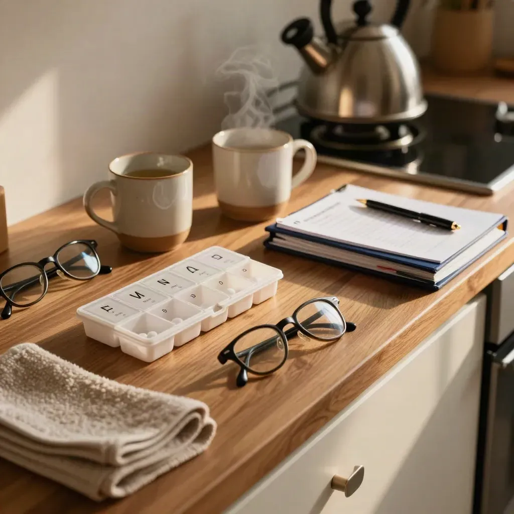 Kitchen counter with pill organizer, mugs, glasses, towel and binder in soft morning light.