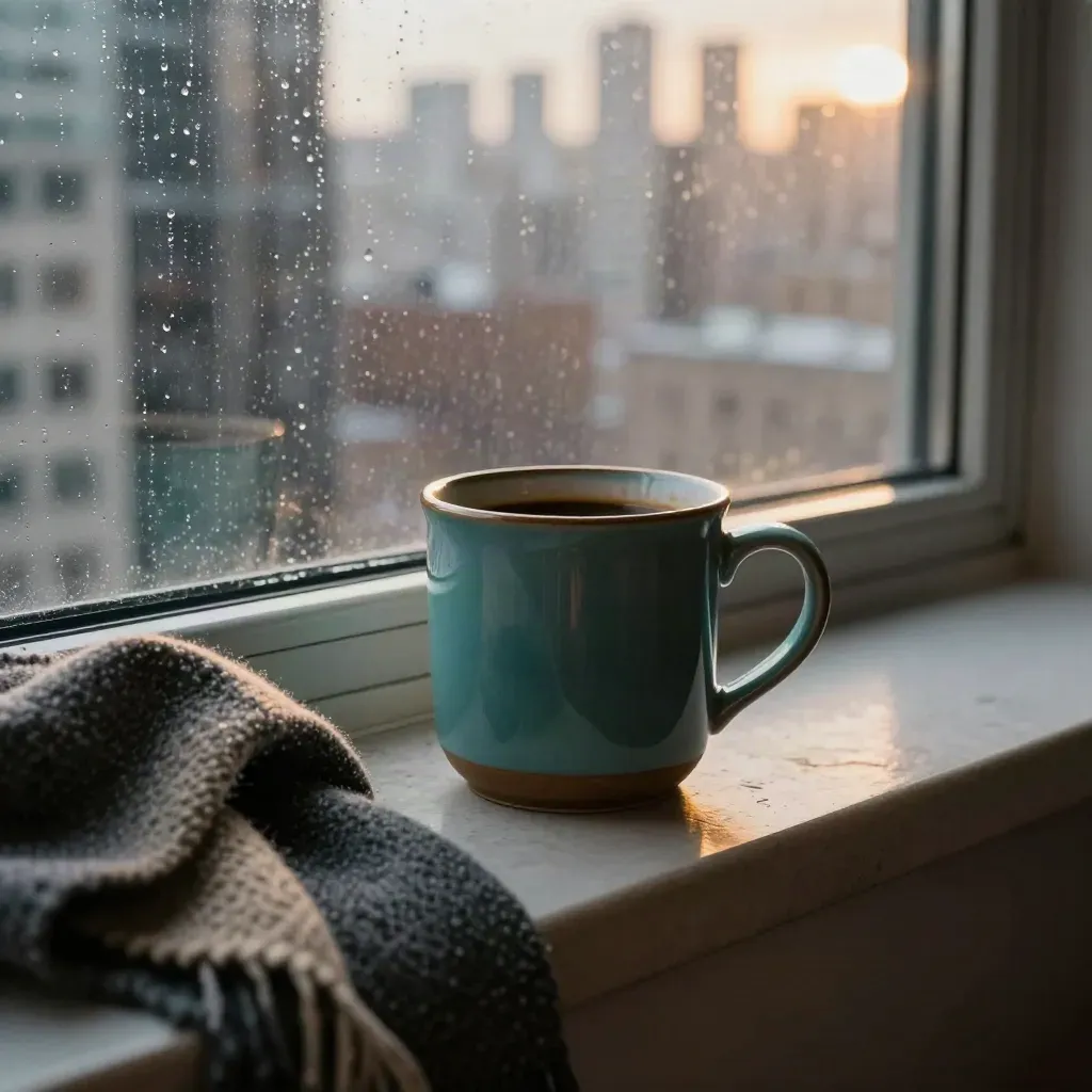 Rainy Toronto window ledge with teal mug, folded scarf, and blurred skyline at dusk.